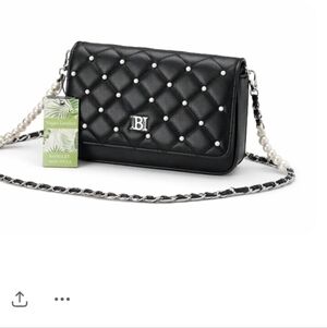 Badgley Mischka Black Quilted Crossbody Purse with Pearls – Vegan Leather,